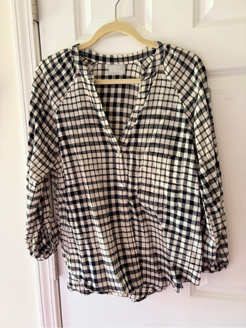 Womens Black & White Plaid Button-Front Top
